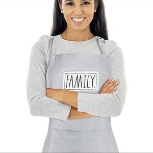 NEW! RAE DUNN Apron Embroidered Patch FAMILY With Pocket Adjustable Gray White